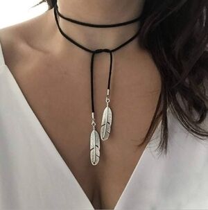 Free People Silver Feather Black Leather Wrap Necklace